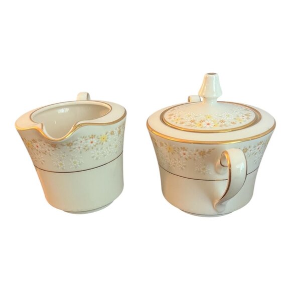 Noritake Fragrance 7025 Porcelain Creamer Sugar Set Lid Daisies Gold Trim Japan - Picture 2 of 10
